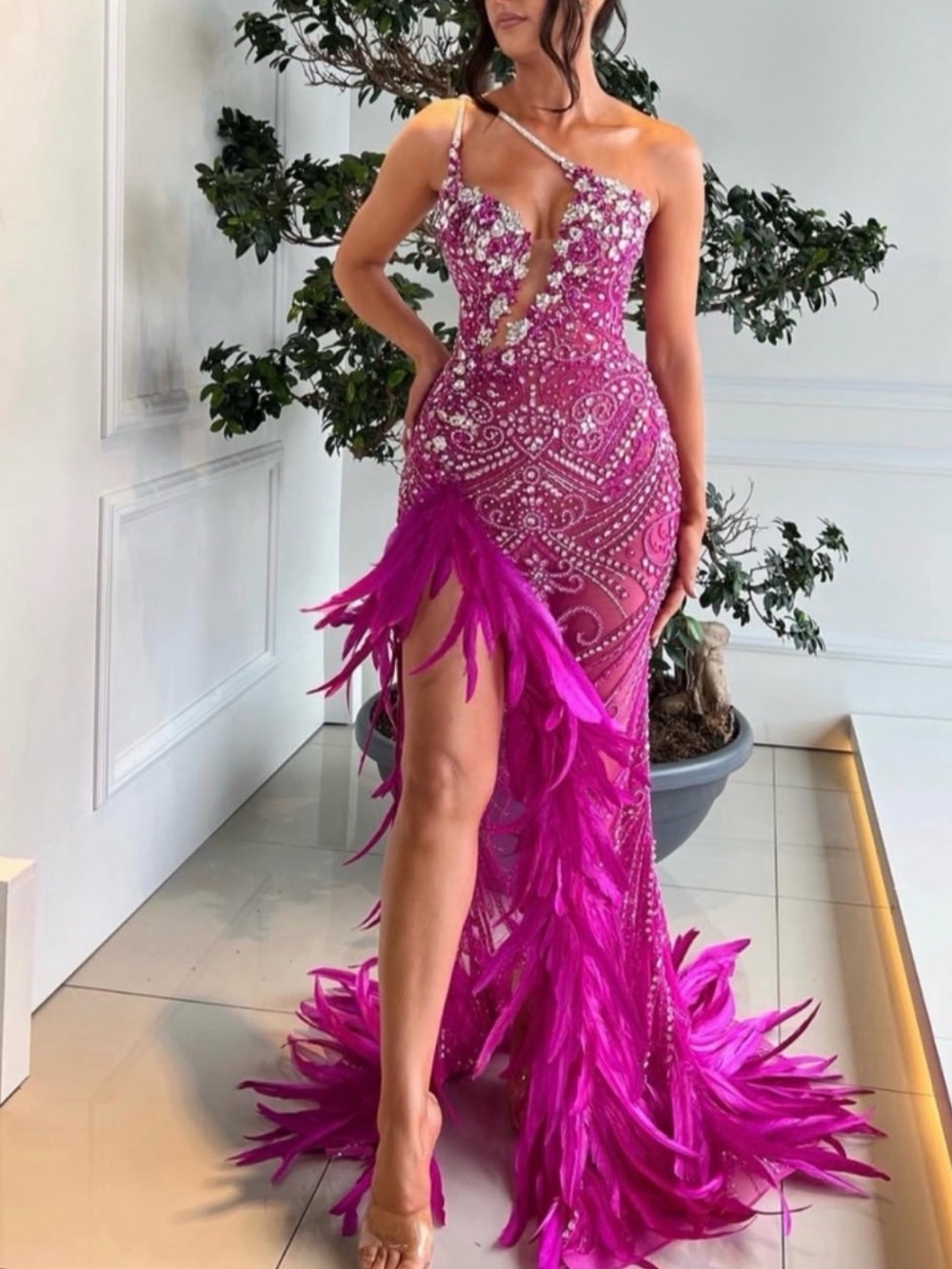 Fuchsia Beaded Feather One-Shoulder Evening Dress
